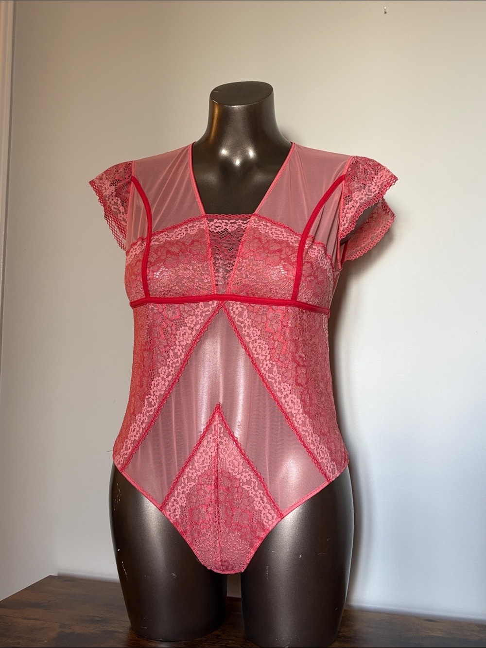 Sheer Lace Pink Bodysuit La Vie en Rose Large / Extra Large .